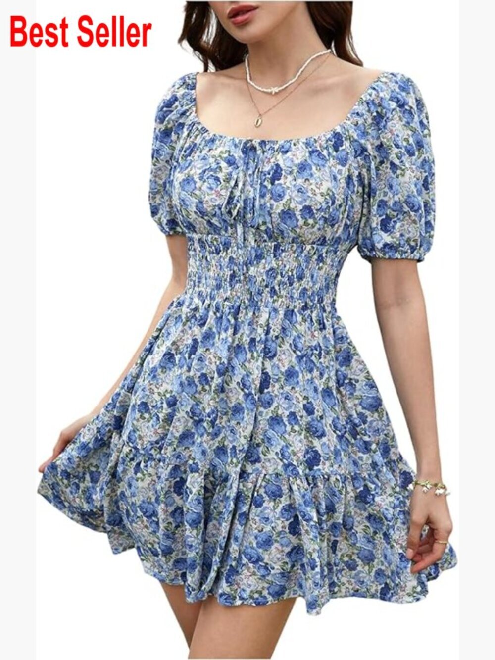Polyester Boho Square Neck Puff Sleeve A-Line Mini Dress - Picture 1 of 6